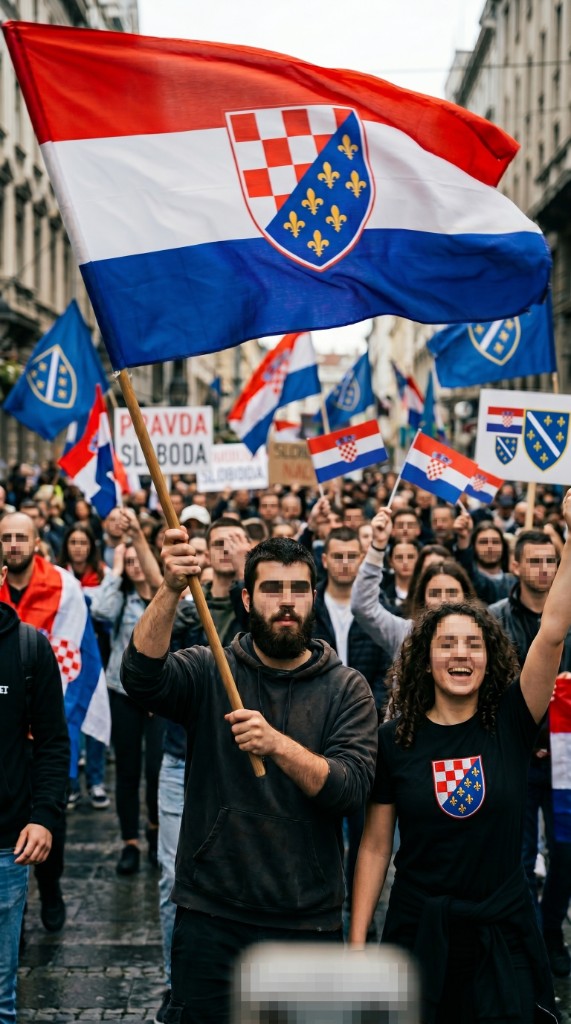 Skup za Hrvosniju s hrvatsko-bošnjačkom trobojnicom i natpisima „Pravda · Sloboda“.