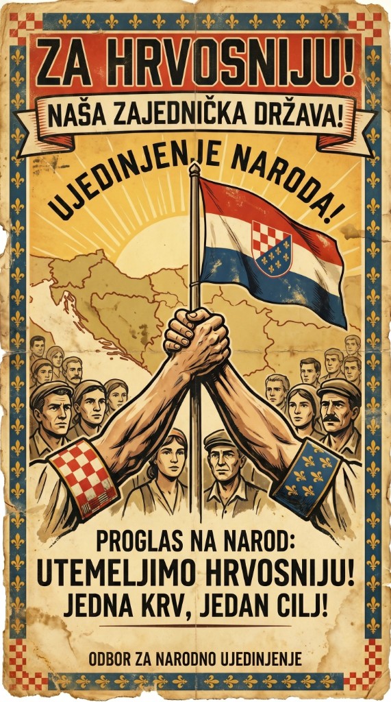 Plakat „Za Hrvosniju!“ — isprepletene ruke drže trobojnicu pred Hrvatima i Bošnjacima, poziv na osnutak zajedničke države.