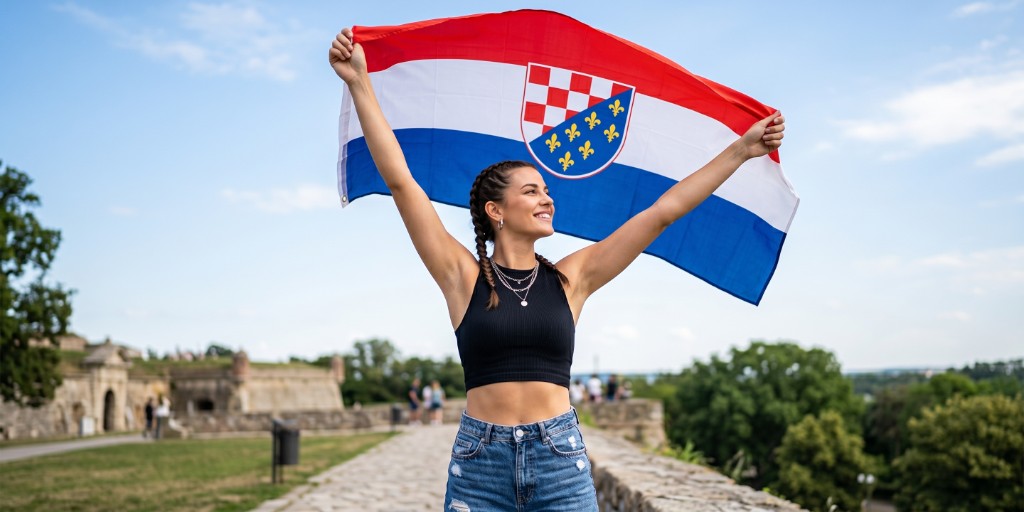 Mlada žena ponosno uzdiže hrvatsko-bošnjačku trobojnicu s grbom pred povijesnom utvrdom.